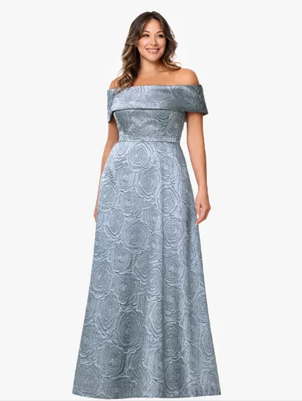 Xscape Off-the-Shoulder Jacquard A-Line Gown in Slate
